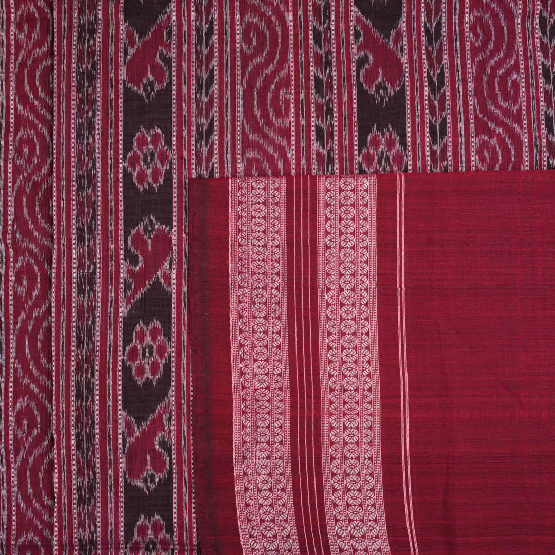 Full layout of black and maroon Sambalpuri cotton saree showing the body, pallu, and border design.