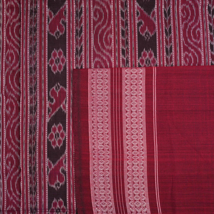 Full layout of black and maroon Sambalpuri cotton saree showing the body, pallu, and border design.