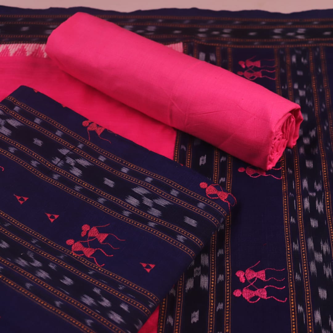 Detail of the blue and pink Sambalpuri cotton dress material blouse piece with traditional motifs.
