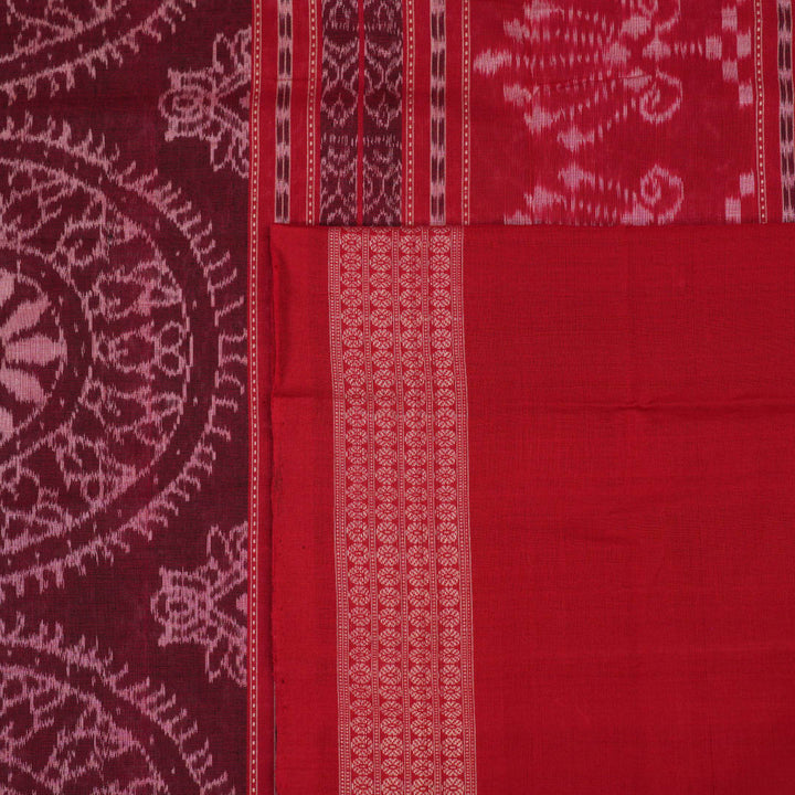 Full length view of the pink and red Sambalpuri cotton saree displaying the complete motif design.