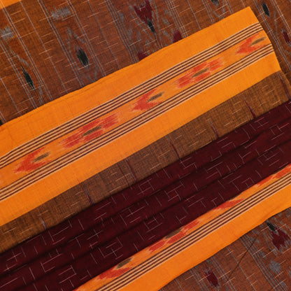 Styling view of a plain maroon and yellow Sambalpuri cotton saree.