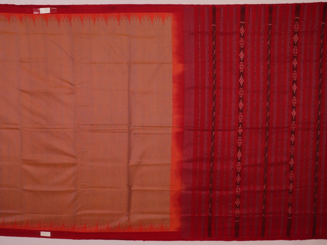 Handloom multi-color red plain Sambalpuri cotton saree, full product view.