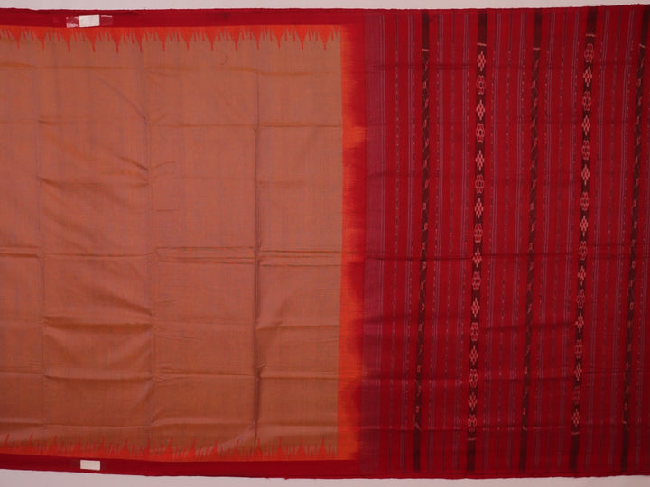 Handloom multi-color red plain Sambalpuri cotton saree, full product view.