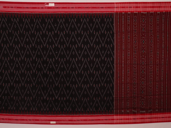 Model wearing a black and red Sambalpuri cotton saree, showing drape and overall style.
