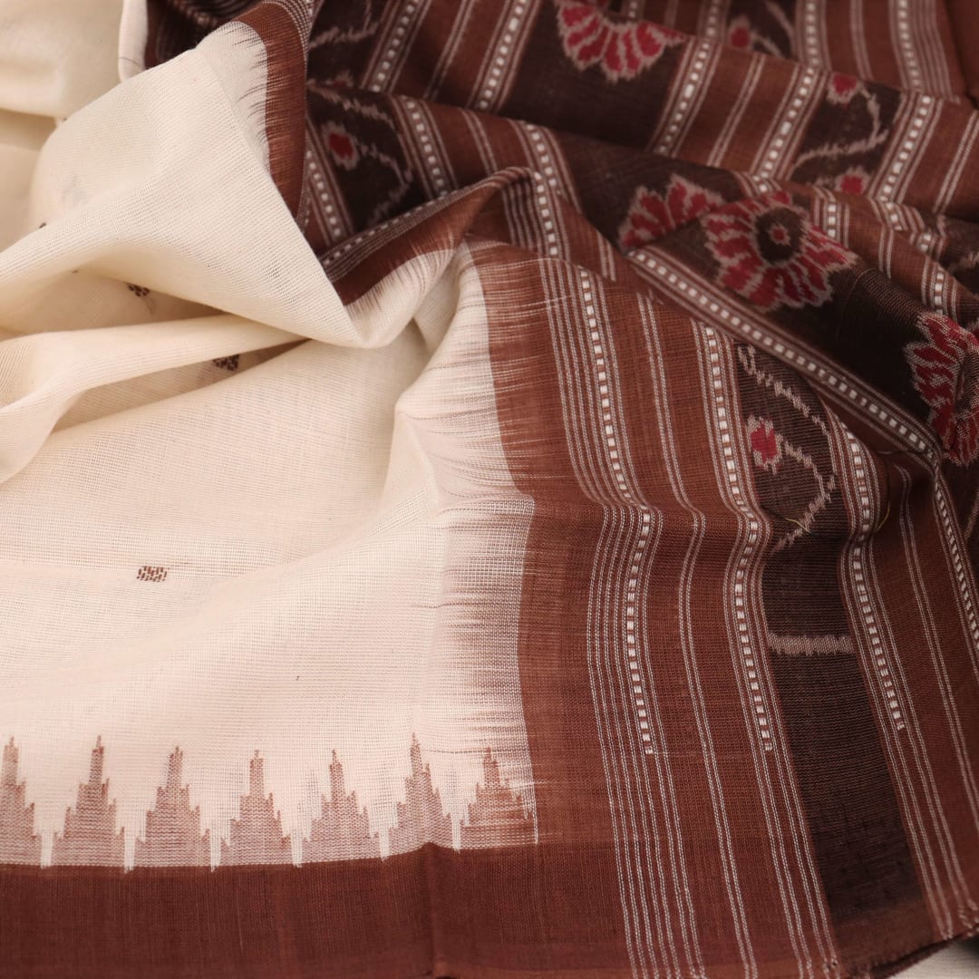 White and Brown Cotton Sambalpuri Dupatta with Butta Pattern, Draped and Styled