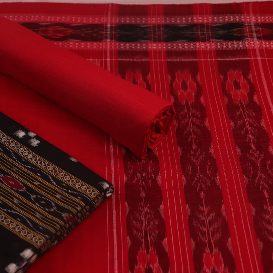 Handloom Black Sambalpuri Cotton Dress Material with Red border