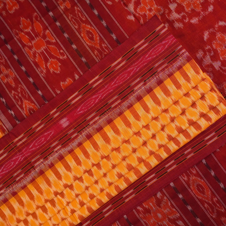 Full styling view of a model draped in a yellow and maroon Sambalpuri cotton saree with motifs.