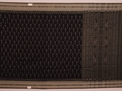 Saree styled; black Sambalpuri cotton saree with grey motifs showcased in a draped presentation.