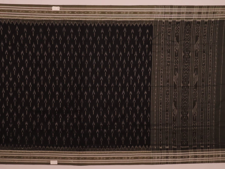 Saree styled; black Sambalpuri cotton saree with grey motifs showcased in a draped presentation.