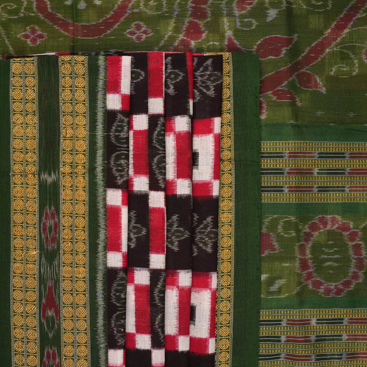Full layout of a multi-color Sambalpuri cotton saree showcasing the green Pasapalli weave and borders.