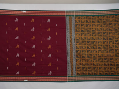 Full layout of the maroon and green Bomkai cotton saree showing the complete body and pallu design.