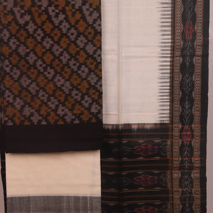 Detail of brown and white Sambalpuri cotton dress material blouse piece with motifs.
