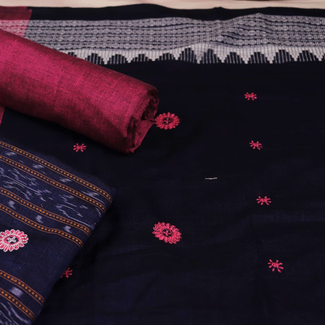 Close-up of blouse piece with blue and magenta motifs in Sambalpuri style