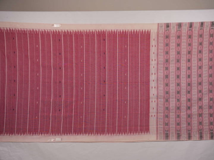 Full length view of a white and multi-color striped Sambalpuri cotton saree showing the complete design.