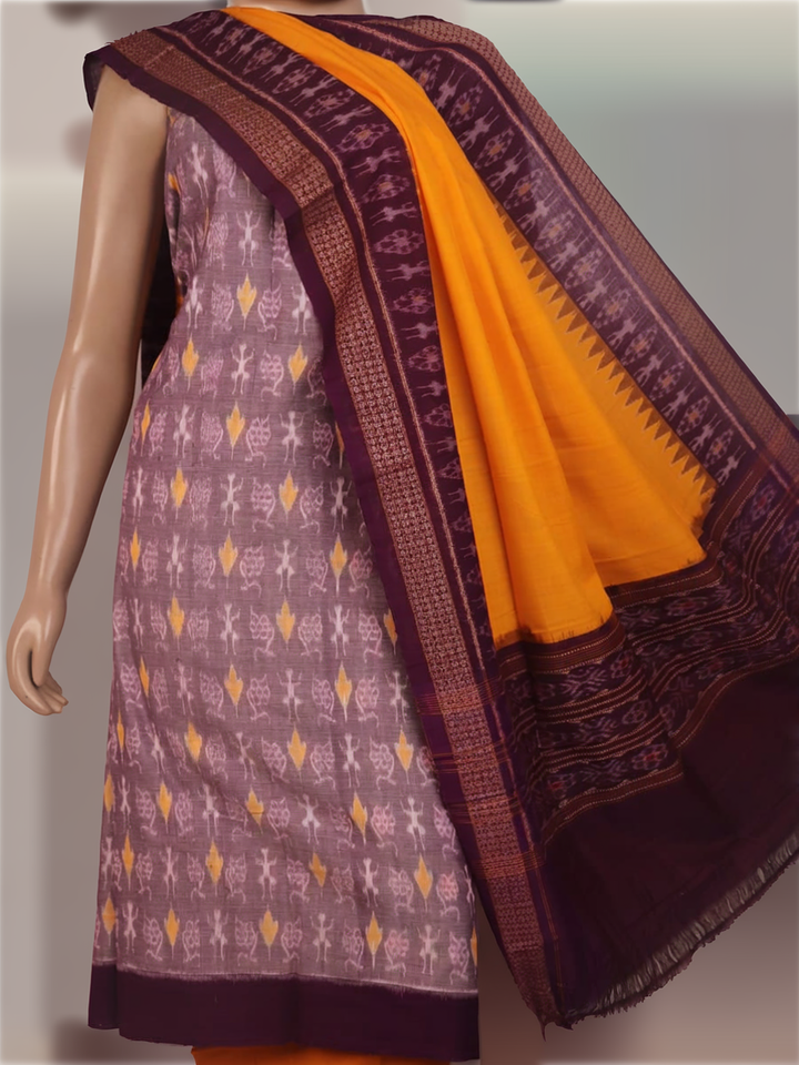 Sambalpuri cotton dress material: Multi-color and yellow motif blouse piece detail.