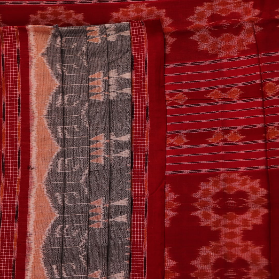 Full view of a grey and maroon Sambalpuri cotton saree with intricate motifs