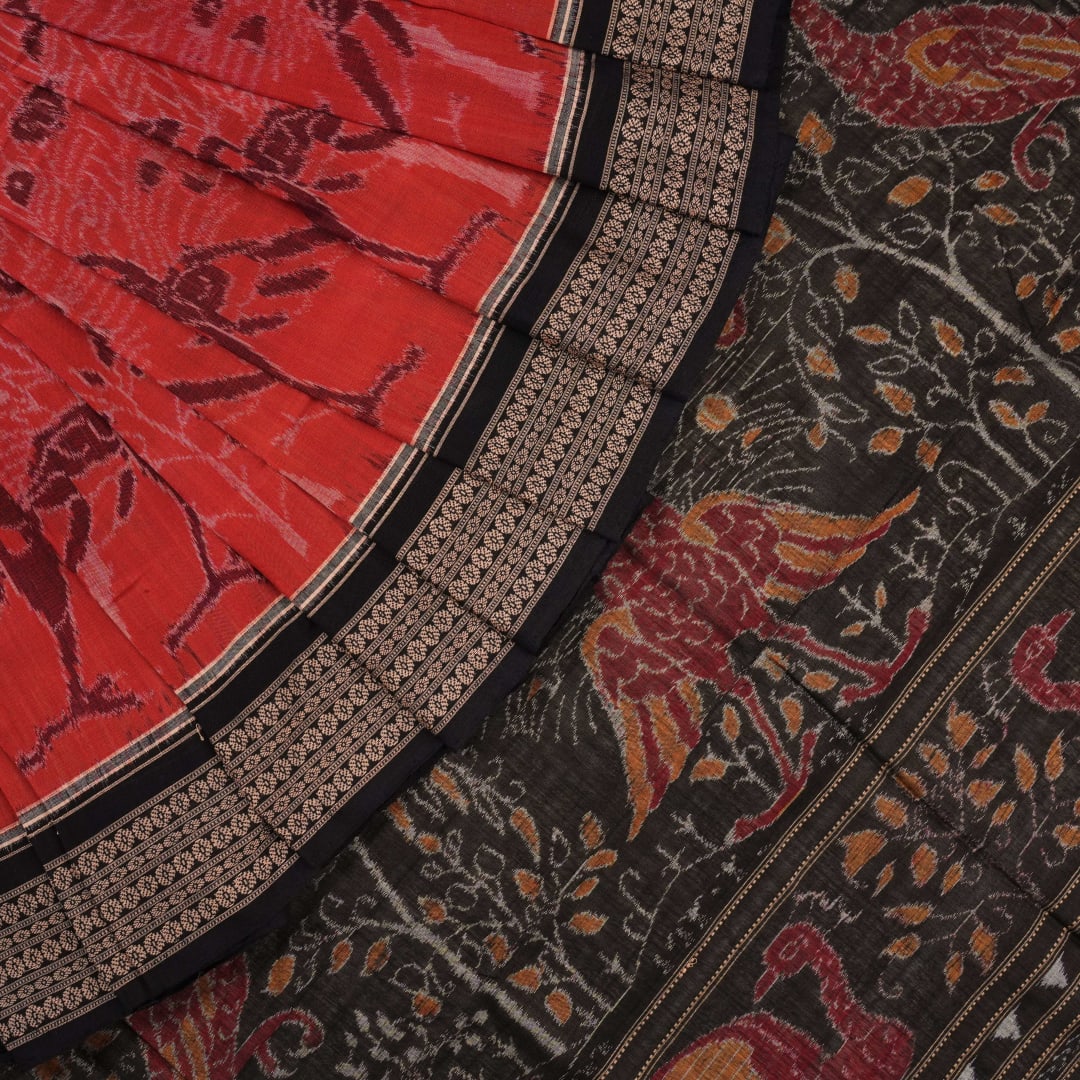 Handloom Rust Sambalpuri Cotton Saree with Black border