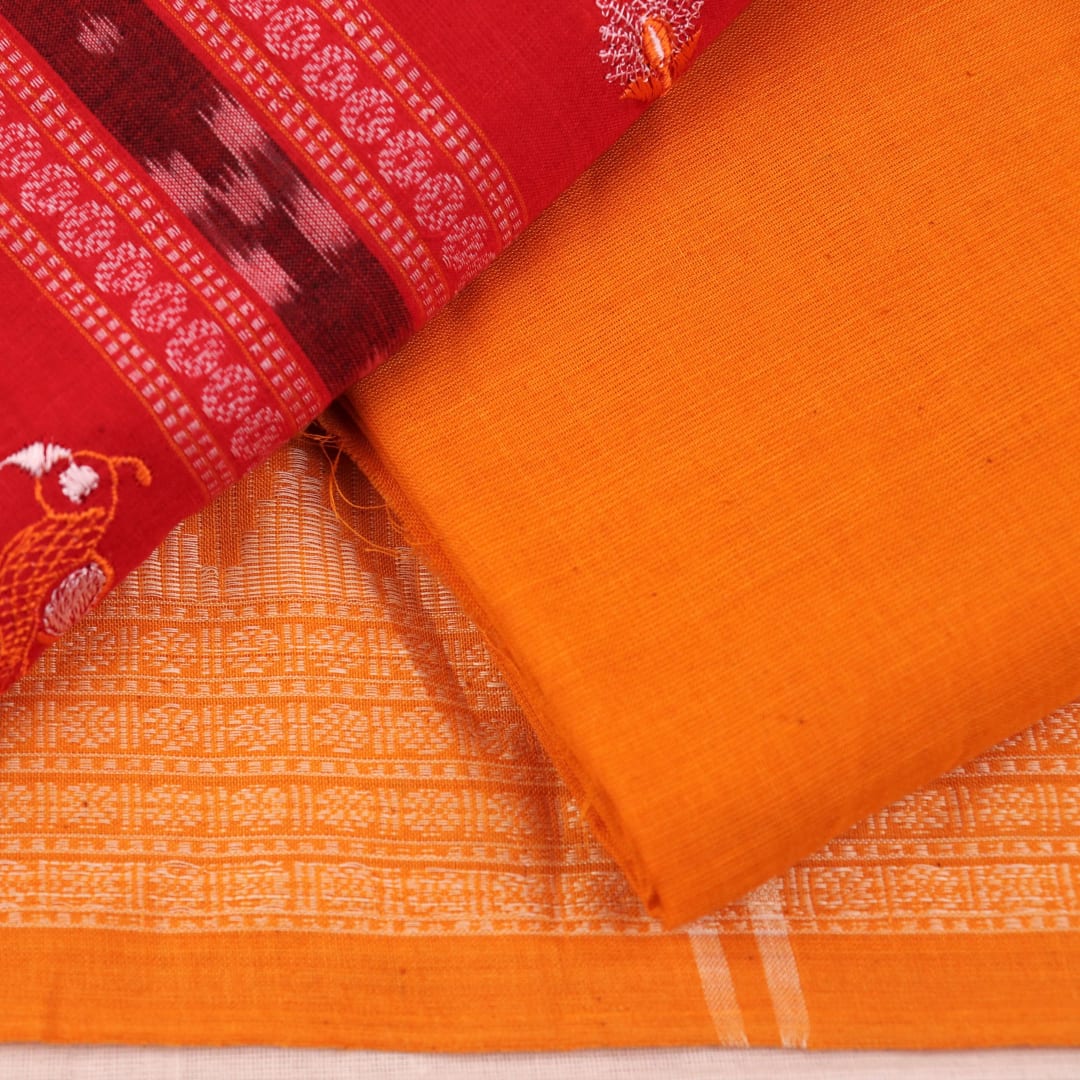 Close-up view of Red and Yellow Cotton Sambalpuri Dress Material blouse piece design with intricate motifs