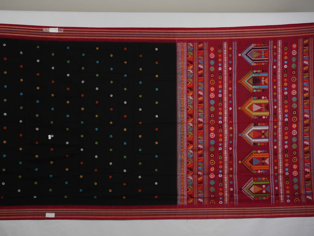 Full view of the black and red Dolabedi cotton saree laid out to show the complete pattern and pallu.