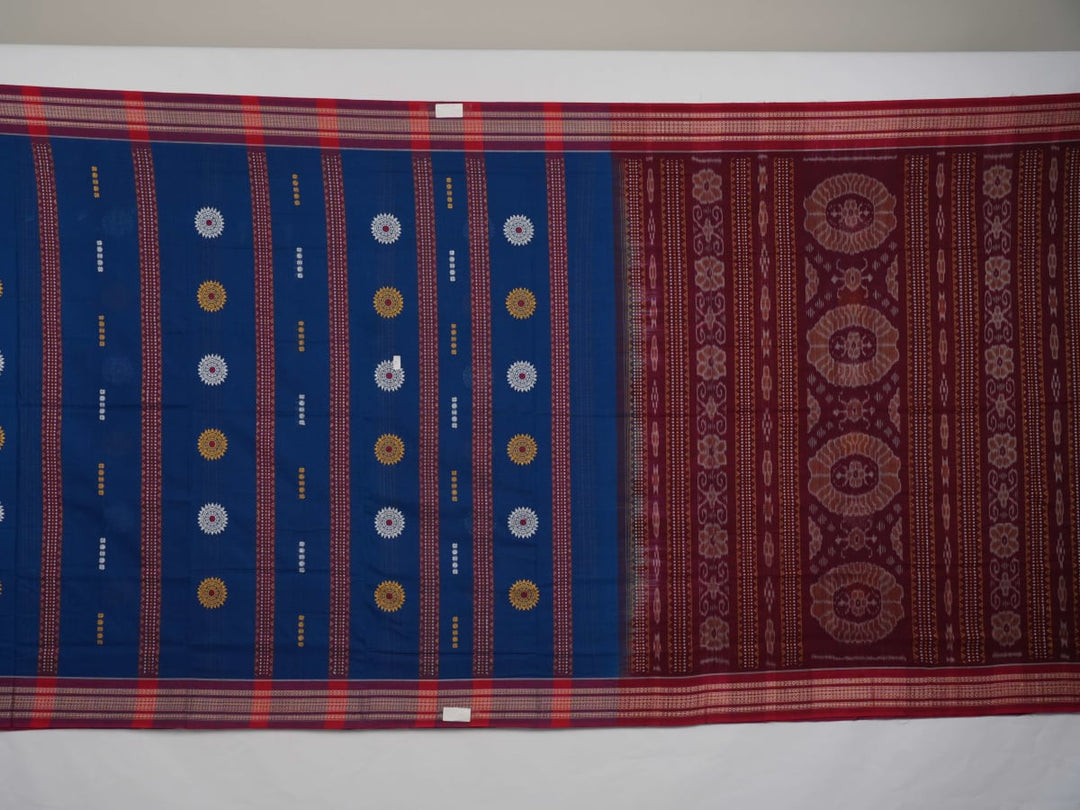 Full layout of the blue Bomkai cotton saree with red border and butta motifs, showcasing the entire design.