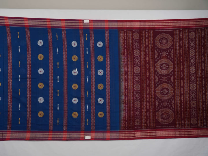 Full layout of the blue Bomkai cotton saree with red border and butta motifs, showcasing the entire design.