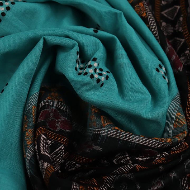 Full view of a green and black cotton Bomkai saree featuring traditional butta patterns