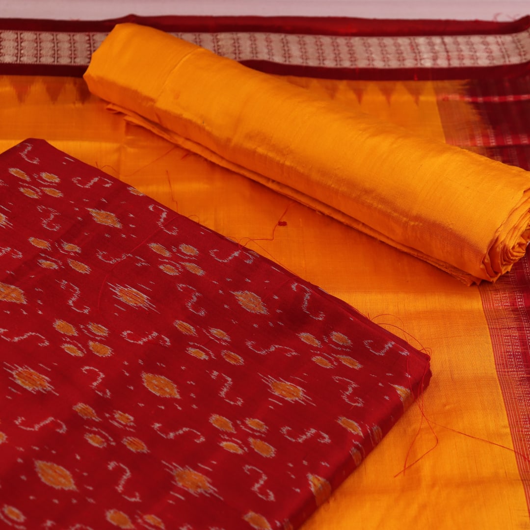 Handloom Maroon Sambalpuri Silk Dress Material with Yellow border