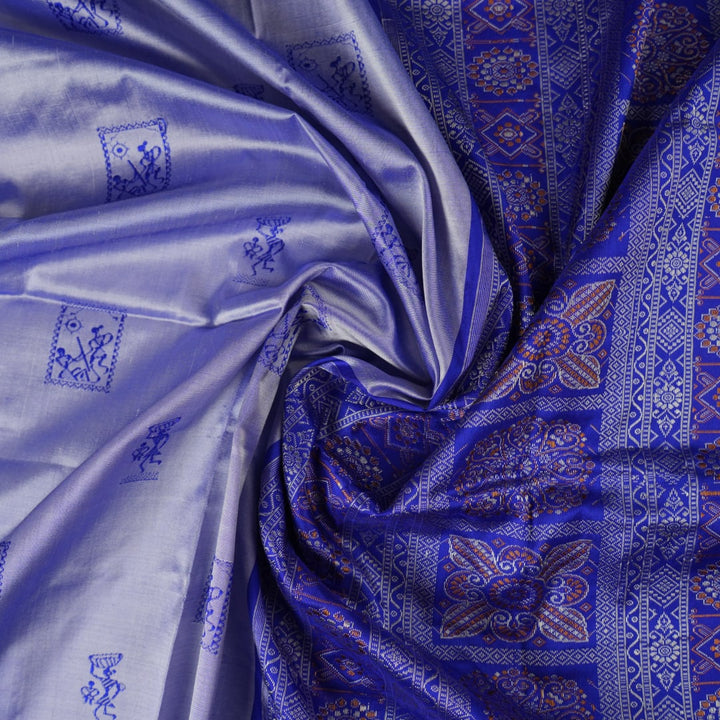 Ultra close-up of Bomkai Silk Saree fabric, highlighting the exquisite grey and blue weave texture.