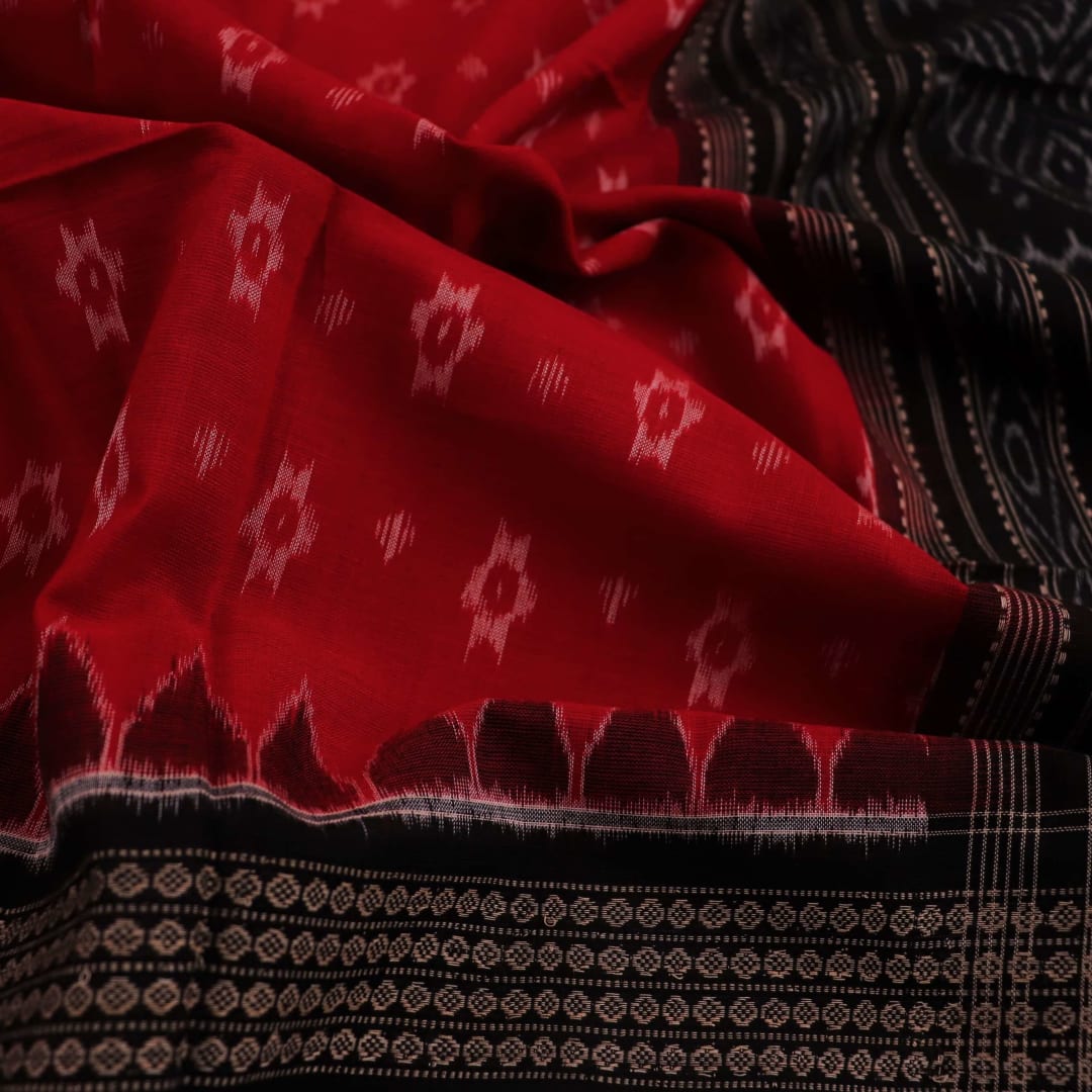 Red and black Sambalpuri cotton dupatta featuring intricate motif patterns