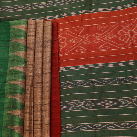 Close-up of plain off-white Tussar silk saree fabric, showing natural slub texture and rust weave.