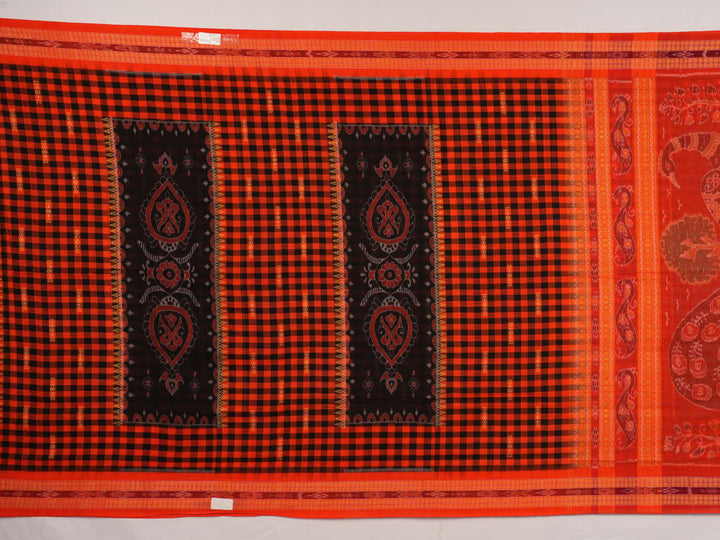 Full layout view of a black and orange Sambalpuri cotton saree showing the body, border, and pallu