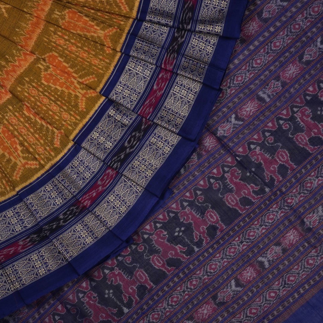 Full layout of the yellow and blue Sambalpuri cotton saree displaying the body, border, and pallu.