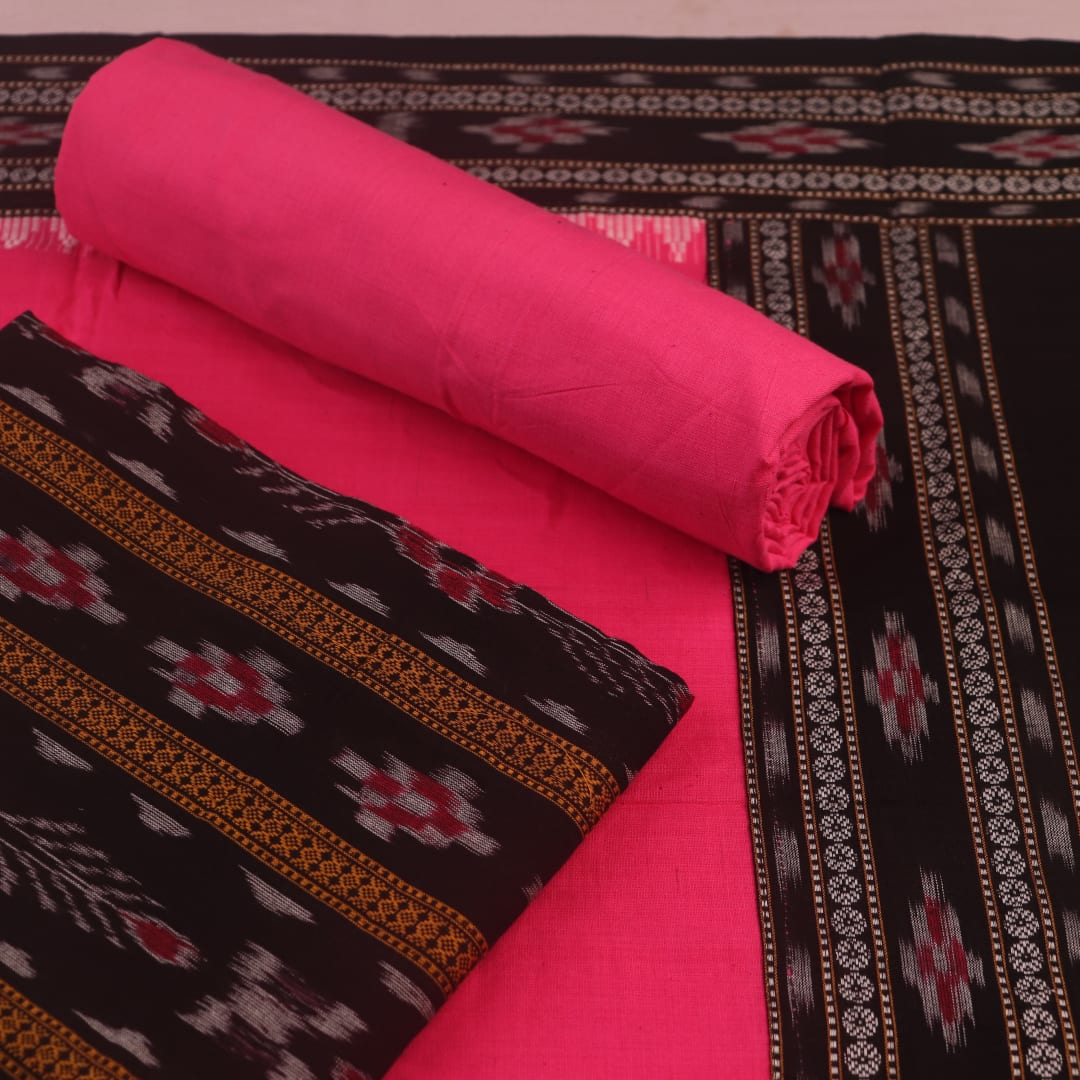 Detail of black and pink Sambalpuri cotton dress material's blouse piece or accessories with motifs.