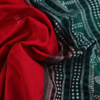 Full view of a red and green Bomkai Cotton Saree featuring a doll pattern.