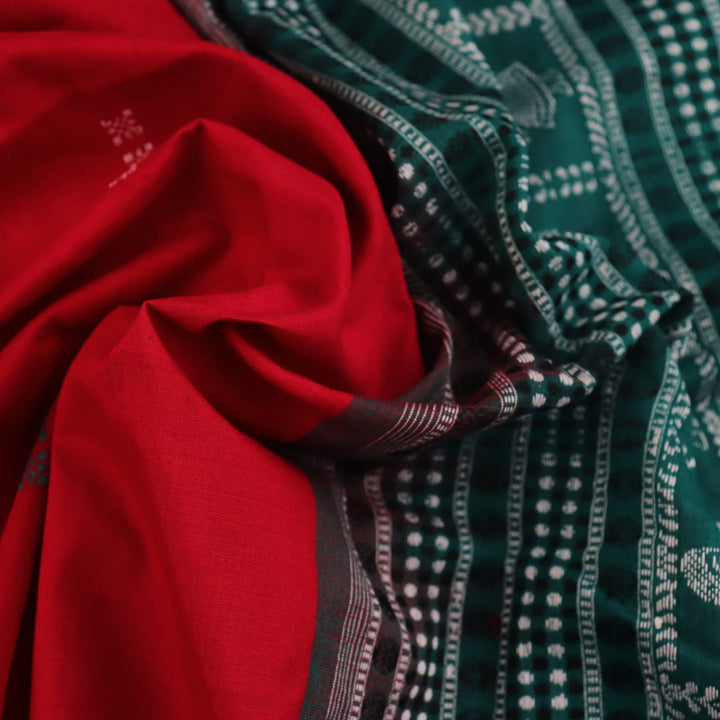 Full view of a red and green Bomkai Cotton Saree featuring a doll pattern.