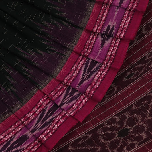 A model drapes an elegant green and magenta Sambalpuri cotton saree with a Pasapalli pattern, showcasing its intricate design and flowing form.