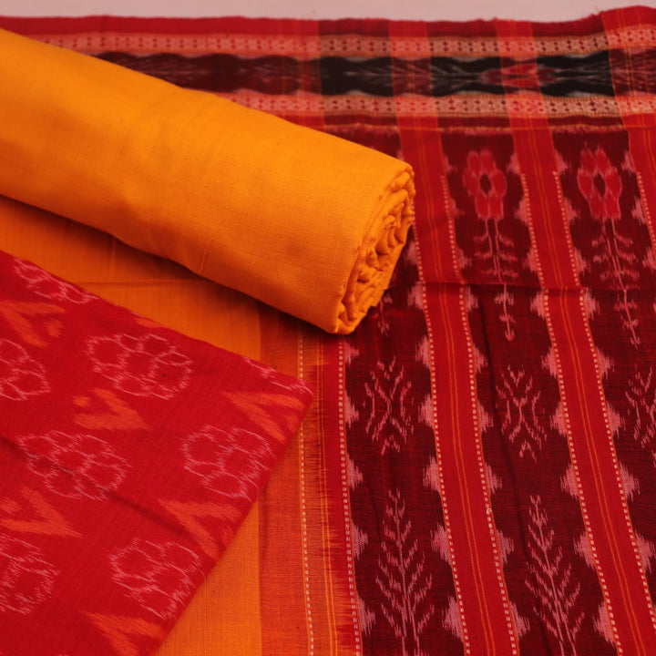 Detail of red and yellow Sambalpuri cotton dress material blouse piece, featuring motifs.