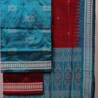 Detail of blue Bomkai silk dress material blouse piece with maroon butta.