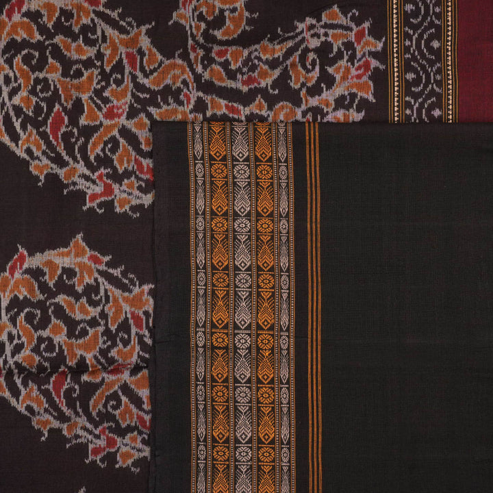 Full flat layout of the orange and black Sambalpuri cotton saree showing the body, border, and pallu