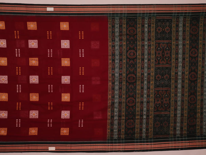 Full view of a maroon cotton Bomkai saree with green butta pattern throughout.