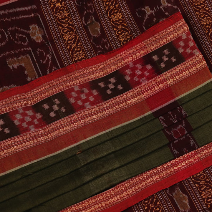 Full view of a green and rust cotton Bomkai saree with traditional butta patterns.