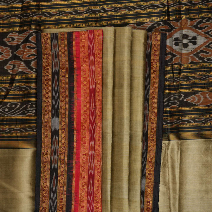 Full styling view of a model draped in a brown and black Khandua silk saree from Odisha