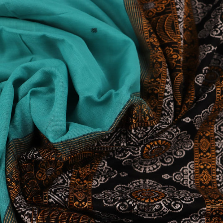 Full view of a blue and black Bomkai cotton saree with intricate butta pattern.