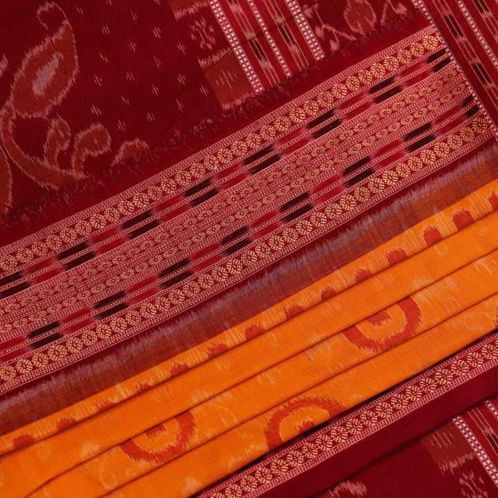 Full view of a vibrant yellow cotton Sambalpuri saree with maroon motifs and intricate border design