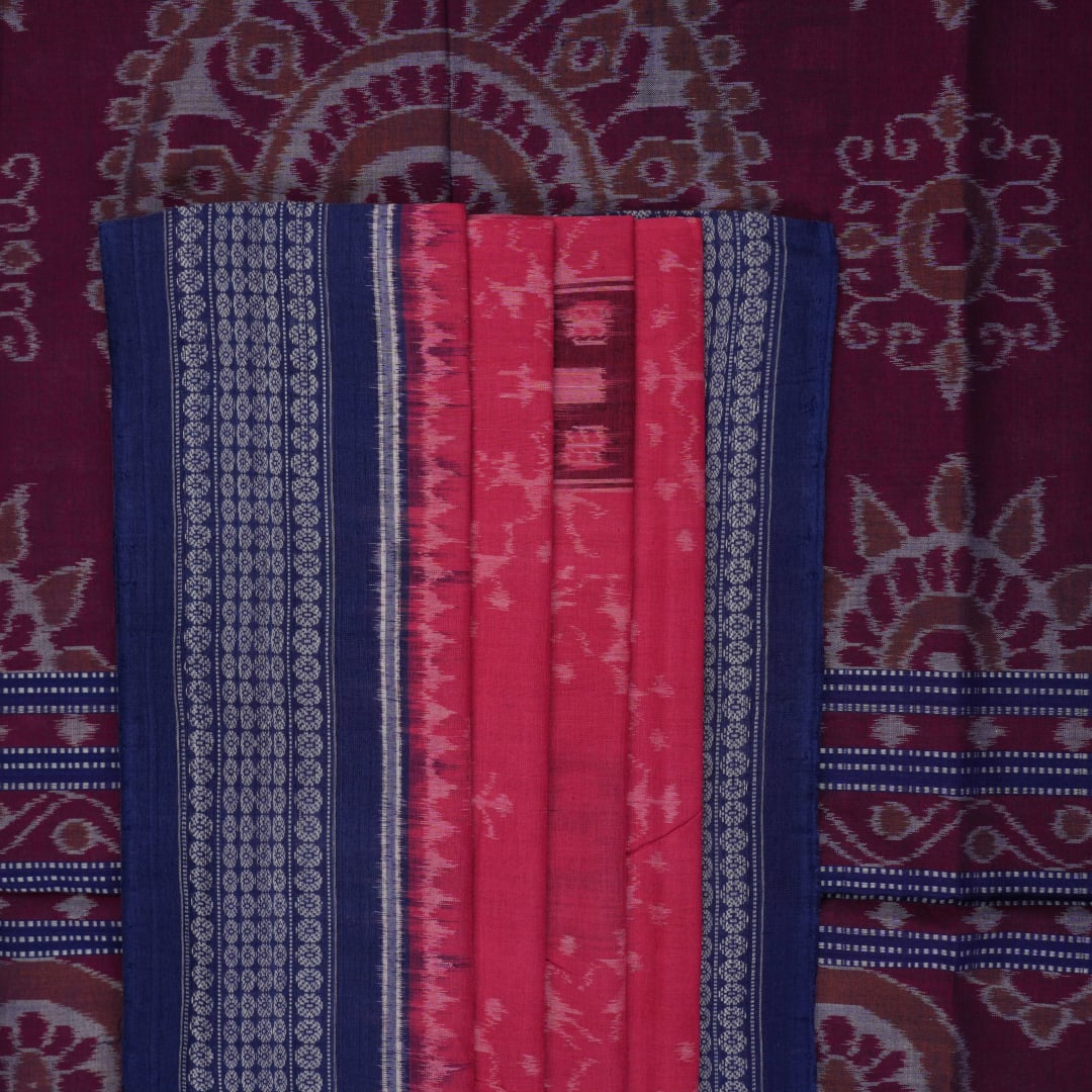 Full layout of the pink and blue Sambalpuri cotton saree displaying the body, border, and motifs.