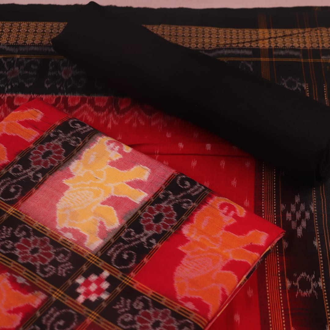 Red and black Sambalpuri Pasapalli cotton dress material blouse piece detail.