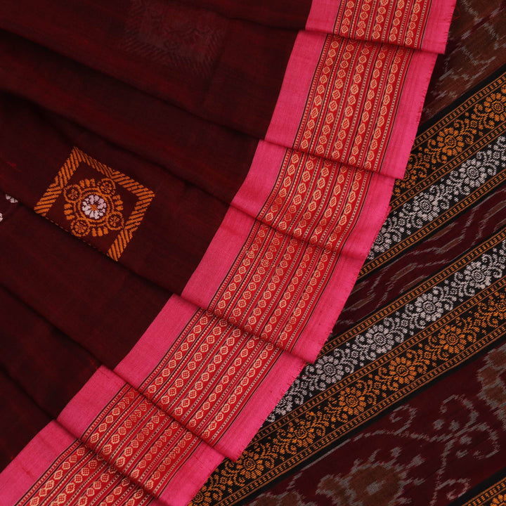 Full view of maroon cotton Bomkai saree with pink butta weave