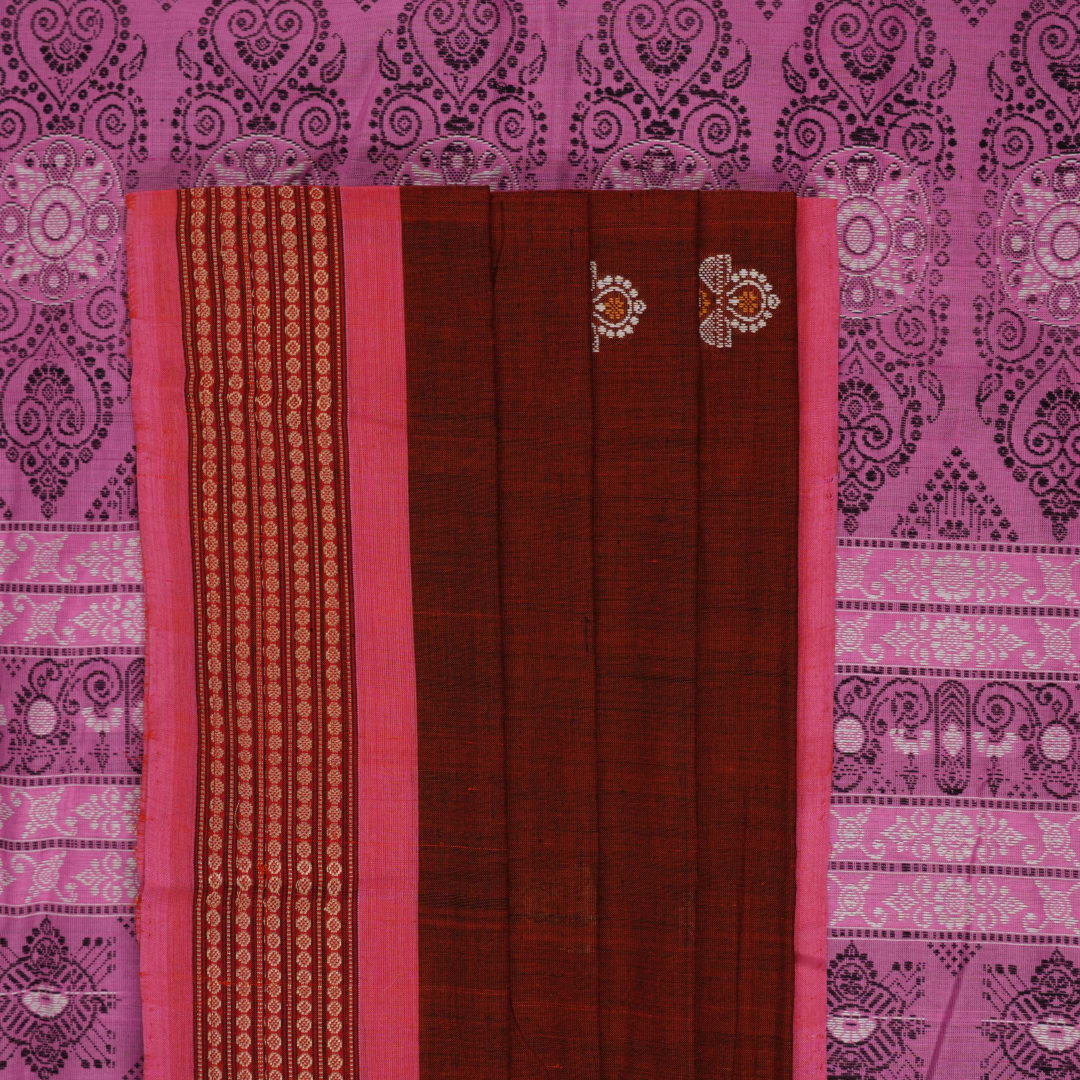 Full flat layout of the brown Bomkai cotton saree displaying the pink pallu and all-over butta pattern