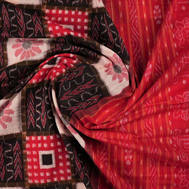 Model styled in a black and red Sambalpuri cotton saree featuring the traditional Pasapalli design.