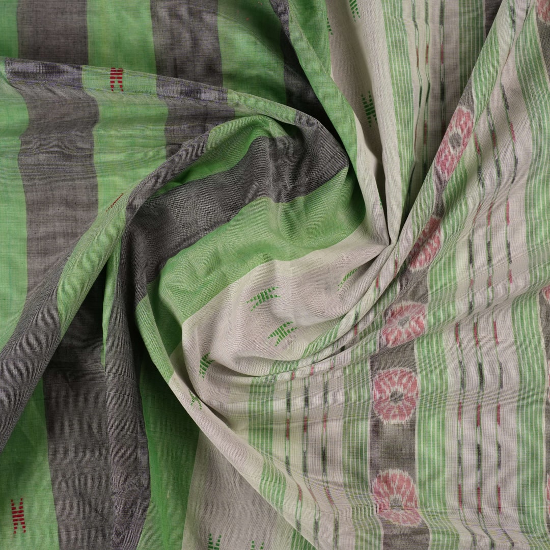 Full-length layout of the green and white striped Sambalpuri cotton saree showing the complete design.